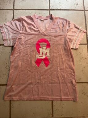 Pink Mesh Jersey with Breast Cancer Ribbon Graphic